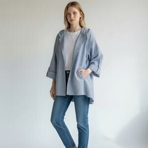 Jones New York Striped Linen Blend Hooded Jacket NWT Women's Sz M Blue White